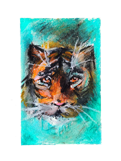 oil pastel of a tiger face looking up our of teal water